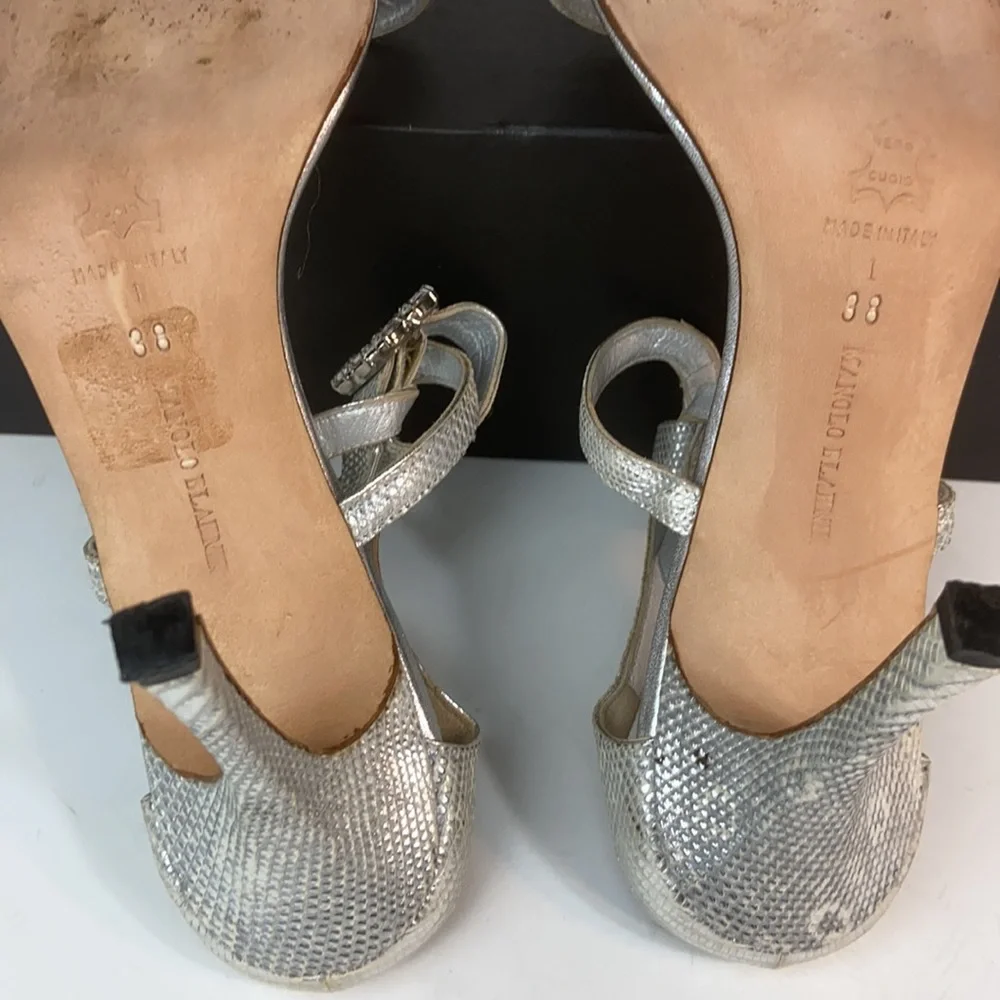 Manolo Blahnik silver sandals crystal buckles 38